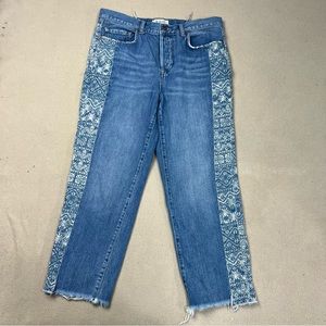 We The Free People Jeans Womens 28 Blue Aztec Panel Button Fly Raw Hem Boyfriend